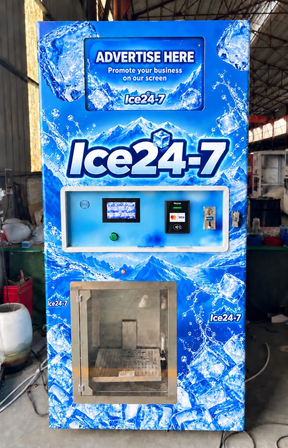 An Ice24-7 ice vending machine with a touch screen, card reader and pick-up door