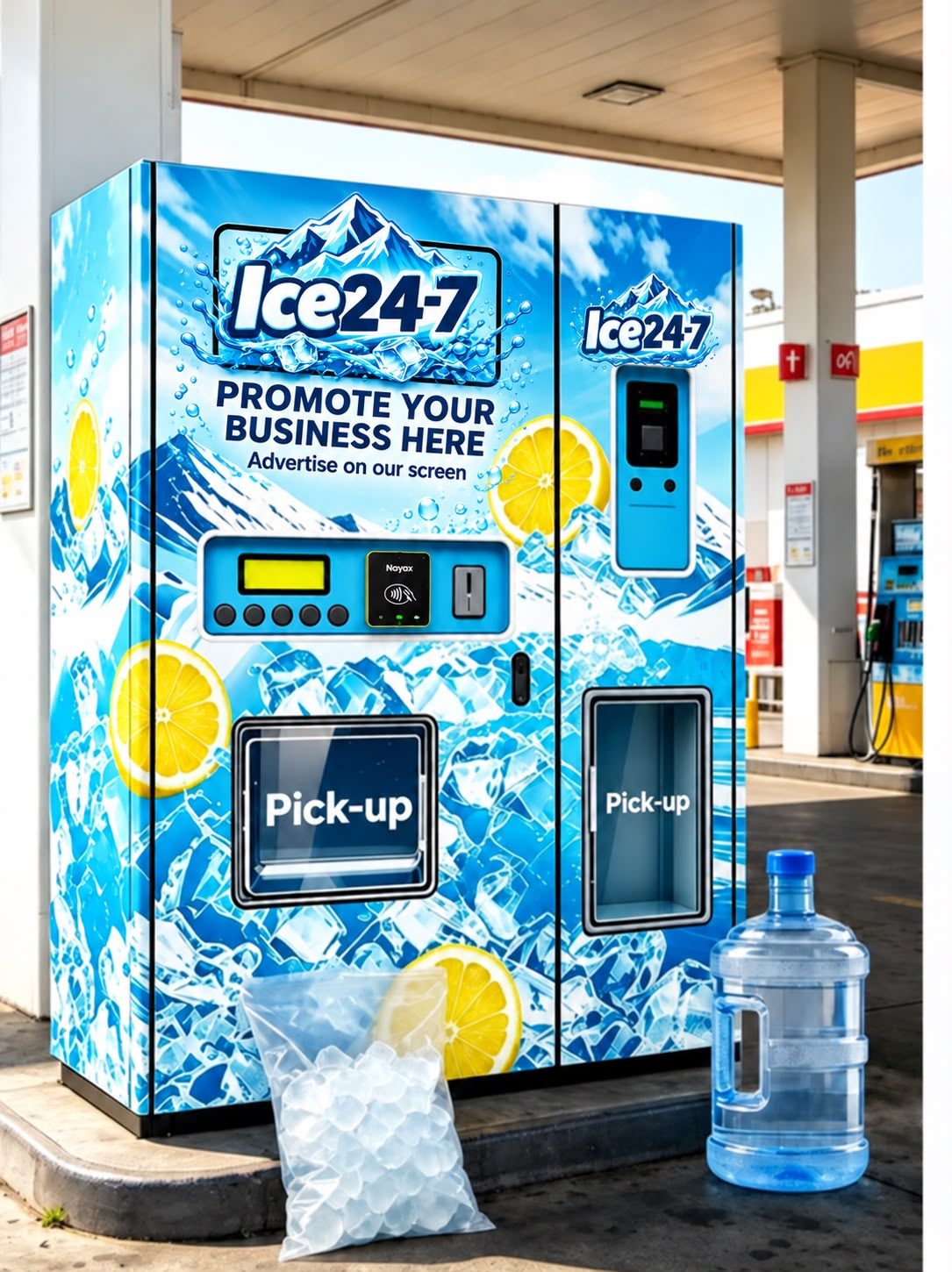 Ice24-7 machine at a service station with an advertising panel on the front